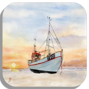 Untersetzer Glasuntersetzer 9,5 x 9,5 cm  Fischerboot im Sonnenuntergang Aquarell Maritim Kunst Druck Kunstdruck Dänemark Nordsee  Düne Meer Möwe Strand